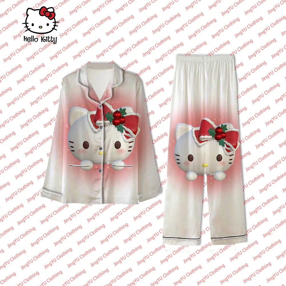 Sanrio Hello Kitty Pink Pajamas Women Clothes Long Sleeve Button