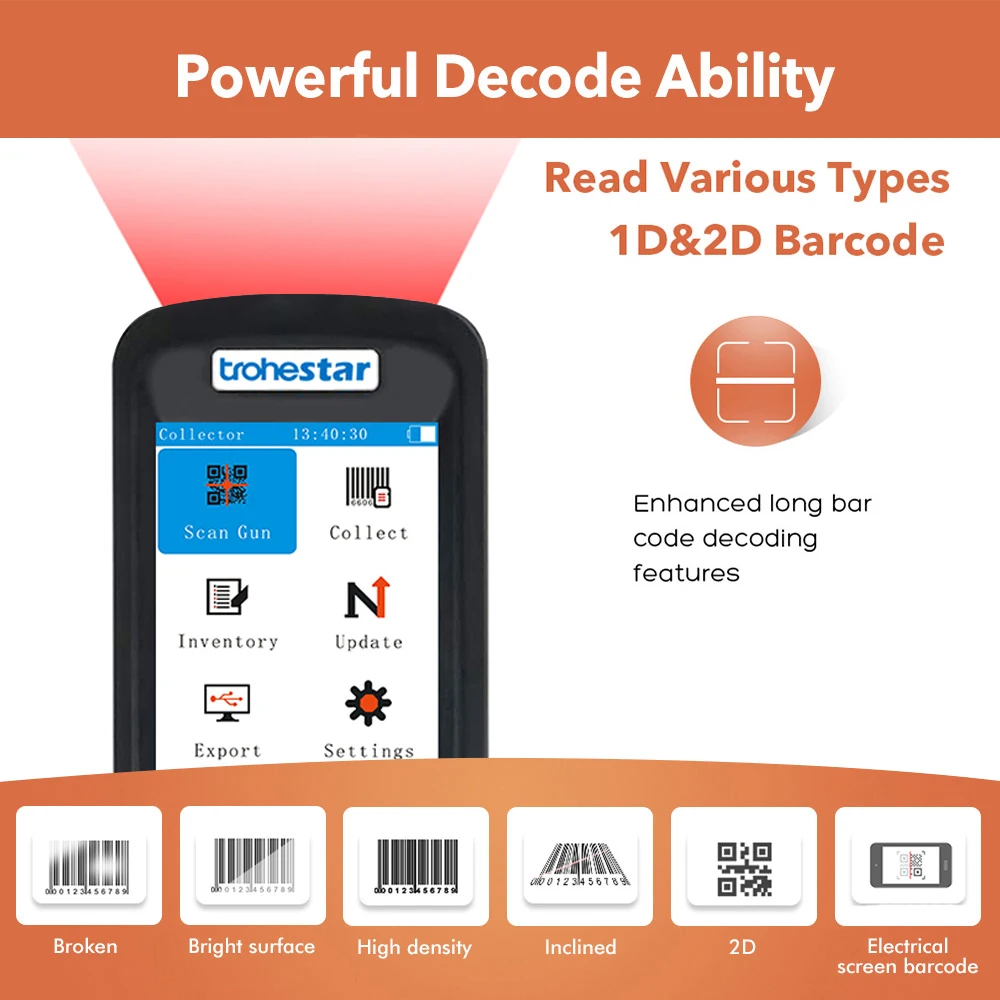 Trohestar Barcode Scanner Portable Reader 1D 2D QR Bar code Scanners Handheld Inventory Data Collector For Logistics Market
