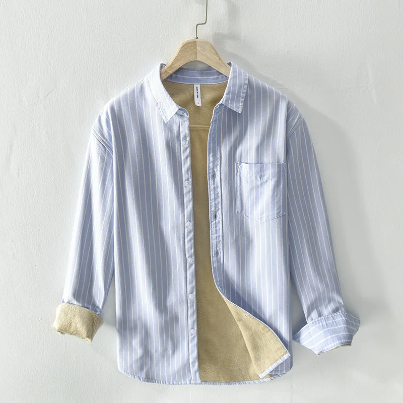 new spring Autumn winter plush warm casual men's long sleeve shirt loose fashion men's clothing Solid color mens