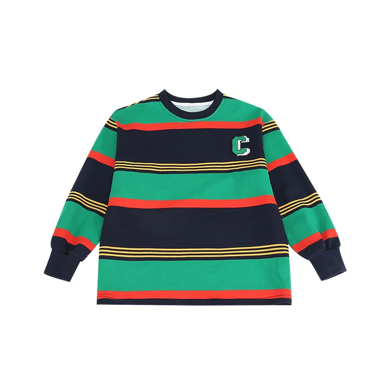 

High Quality Custom Clothing Child Sweatshirt Knitted Pullover Kids Cotton Striped Letter Embroidery Hoodies For Girls Oversized