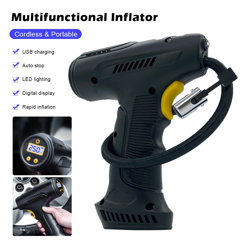 Cordless Tyre Inflator 12V 120W USB Rechargeable Air Compressor Handheld  Electric Digital Tire Pump for Car Motorcycle Bicycle