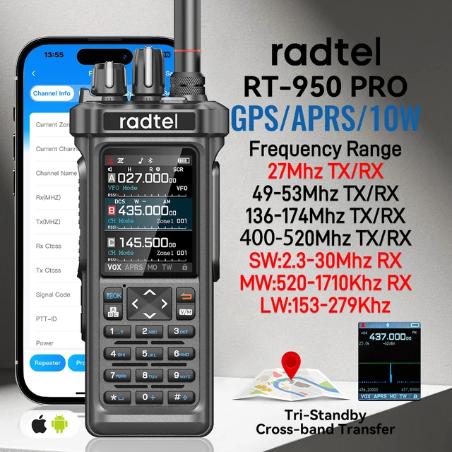 Radtel RT-950 PRO Receptor walkie-talkie AM/FM/CB/LSB/USB/CW cu GPS APRS 10W Bluetooth Programare telefon Radioamator RT-950PRO 1