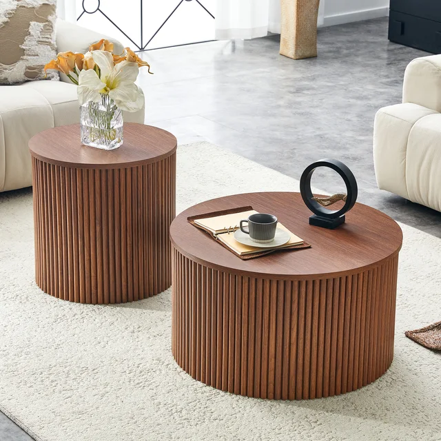 Ensemble de 2 tables basses gigognes avec design colonne romaine, tables rondes en MDF avec rangement intégré, tables d'appoint en grain de noyer pour salon, chambre et maison 1