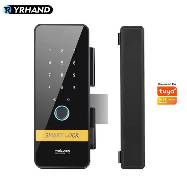YRHAND Automatic tuya app Keyless Entry fingerprint Glass Smart Hook Lock with key For office framess Sliding Door 2