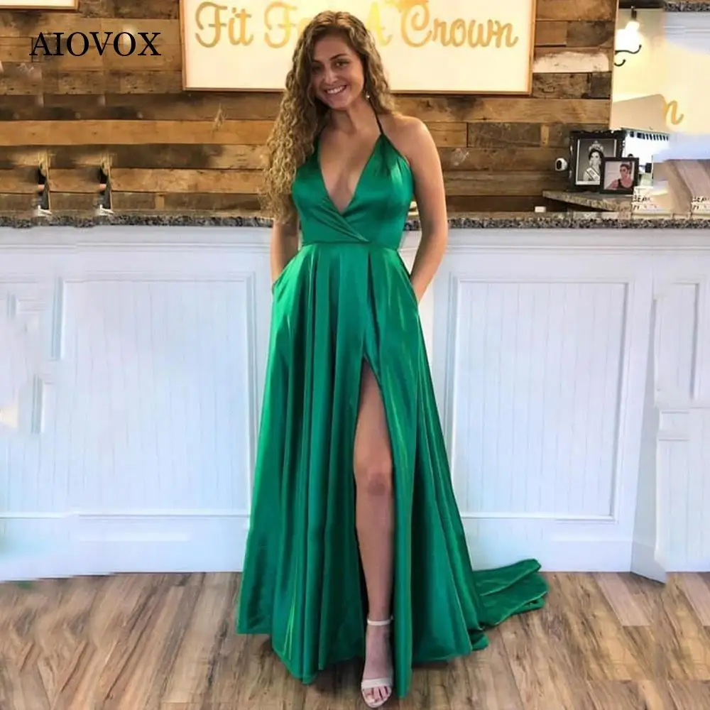 

AIOVOX Simple Stain Prom Dresses Pleated V-neck With Pocket Evening Dress High Slit Sweep Train Vestido De Noche for Women