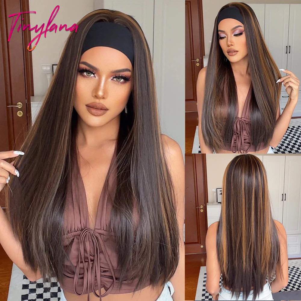 Chocolate Brown Mixed Golden Blonde Long Straight Synthetic Women's Headband Wigs Bohemian Hair For Black Women Fake Hair shine ash brown long straight good quality synthetic wig ash blonde wig for woman 150% 30 none lace full machine made wig