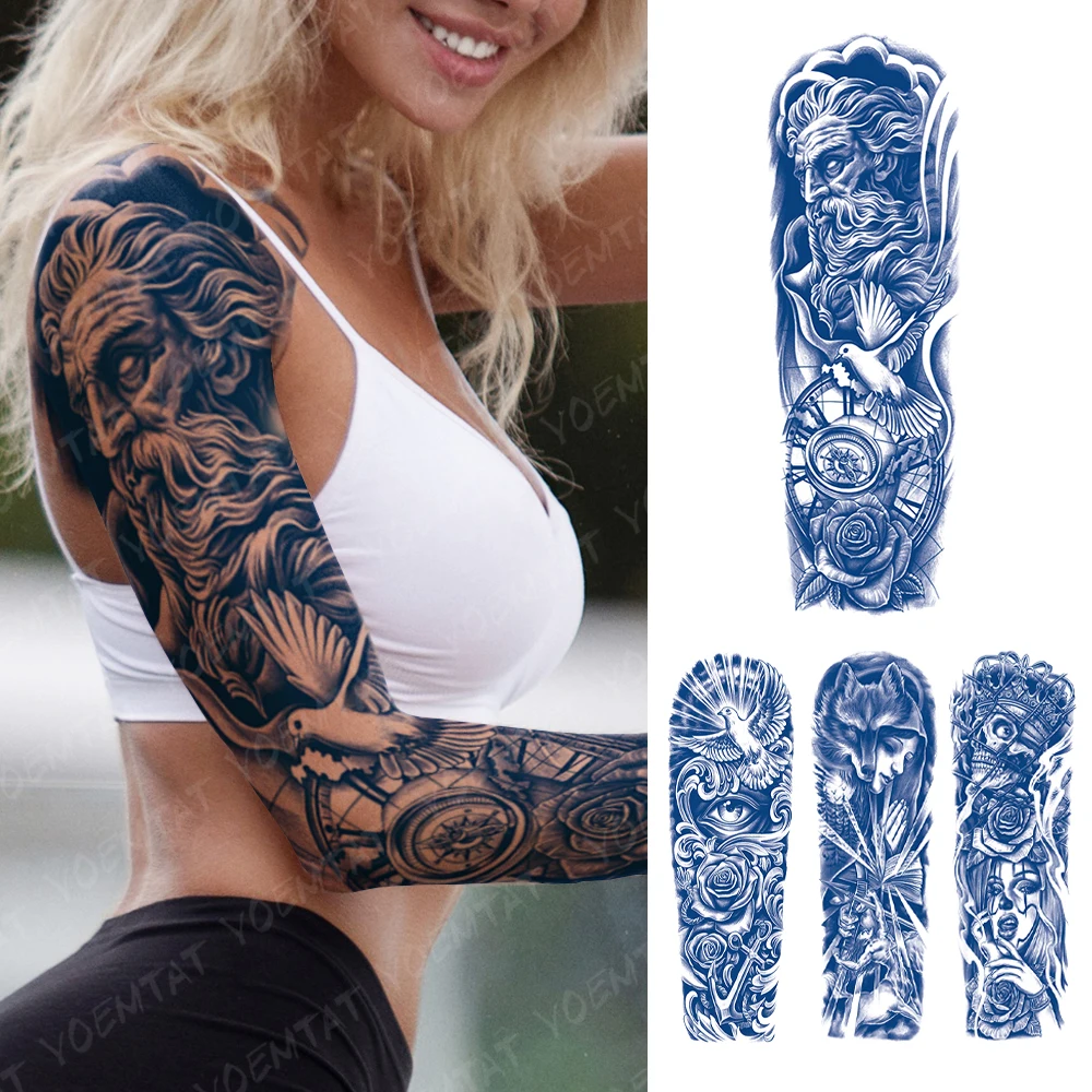 

Полуперманентная травяная татуировка на большие руки от Poseidon, роза, компас, водостойкая временная татуировка, наклейки, стойкая поддельная татуировка для женщин и мужчин