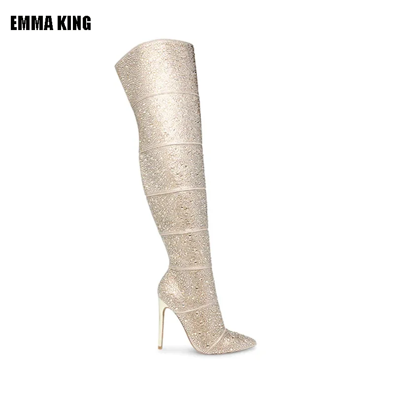 

2022 Women Silver Bling Bling Crystal Over The Knee Boots Thin High Heel Pointy Toe Glitter Rhinestone Thigh Boots 44