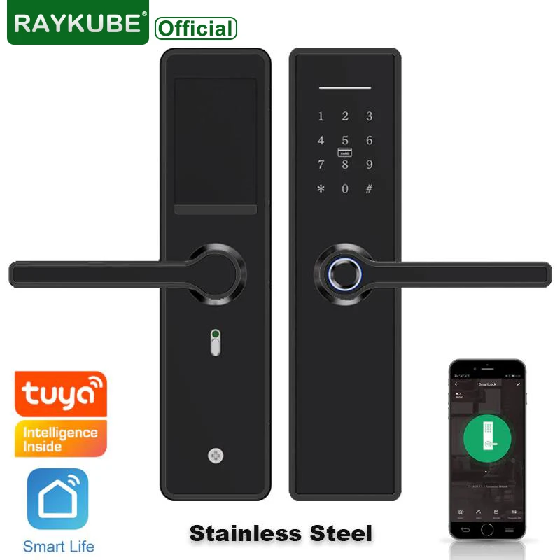 

RAYKUBE Wifi Fingerprint Door Lock Stainless Steel Support Tuya/Smartlife APP Code / Smart Card High-Quality Black X6