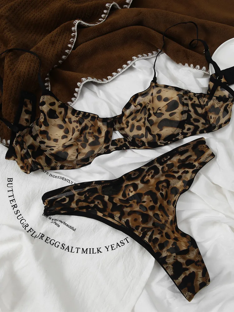 Sexy Underwire Bra Set Leopard Print Mesh Sheer Slim Lingerie Thong Women  Large Size Bralette with Pants Suit