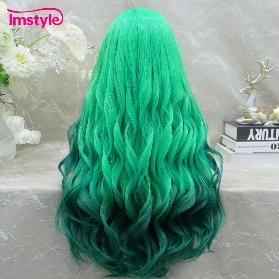 Imstyle Green Wig Long Synthetic Lace Front Wig Wavy Ombre Wigs Women Heat Resistant Fiber Highlight Cosplay synthetic wig