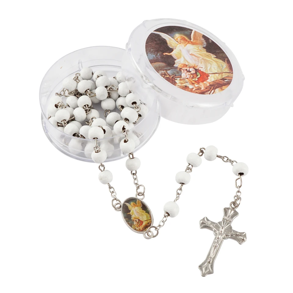 12 Pack White Wooden Guardian Angel Rosaries
