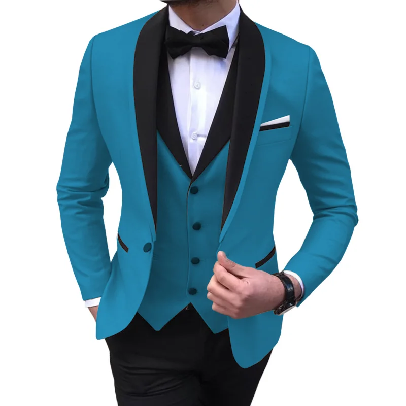 Modrá štěrbinou pánská obleků 3 kusu černá přehoz klopa ležérní smokingy pro svatební ženichové obleků muži 2020 (blazer+vest+pants)