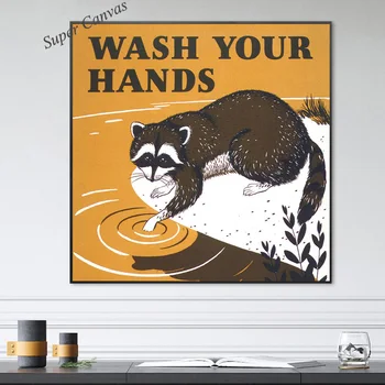 Funny Reccoon Wash your Hands Sign Public Health Poster Print Canvas Painting Retro Wall Art bagno cucina decorazione della stanza 1