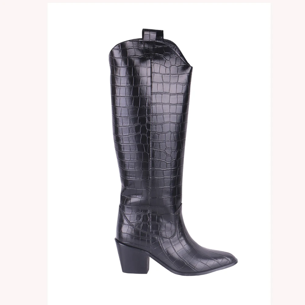 Crocodile Boots Women 2024 Autumn/Winter New Fashionable Knee High Heels Thick Heels Dress Party Women's Boots