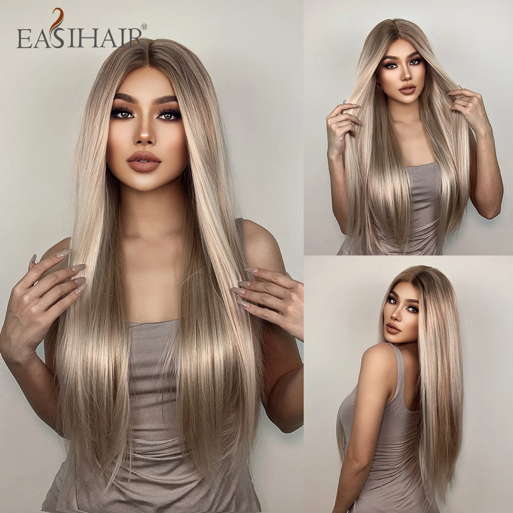 

EASIHAIR Blonde Long Straight Lace Front Wig with Highlight Synthetic Hair Wig Middle Part for Women Heat Resistant Cosplay Wig