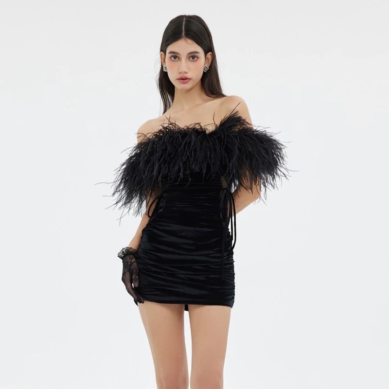Vestido corto de diseño con plumas de avestruz para mujer, minivestido negro  con cuello de barco, Bodycon, para fiesta, S4603| | - AliExpress