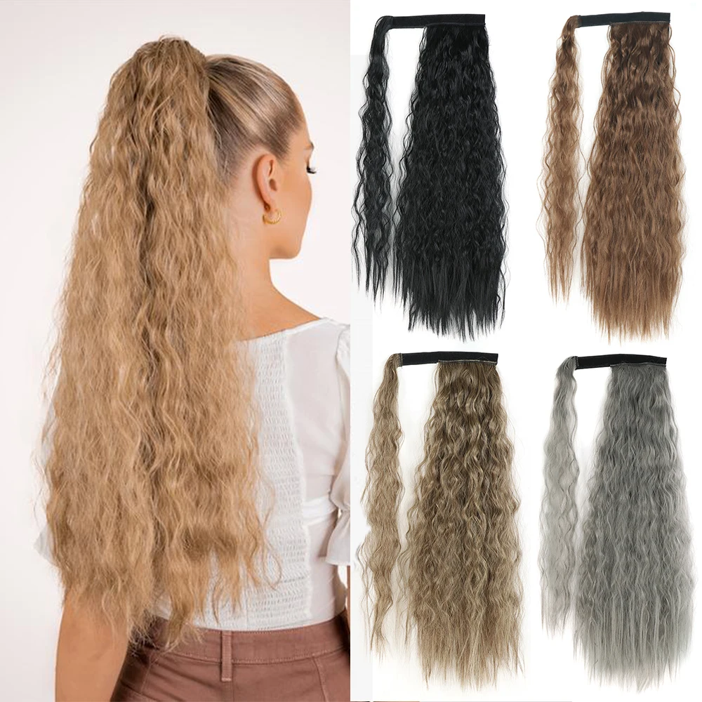 Coda Di Cavallo Lunga Ondulata Di Mais Sintetico Per Le Donne Hairpiece Wrap On Hair Clip Ombre Brown Blonde Hair Extensions Coda Di Cavallo