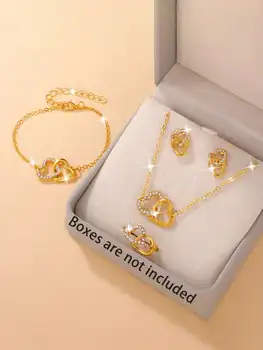 5 Piece Set Fashionable Elegant Gold Rhinestone Heart Shaped Decorative Jewelry Earrings Necklaces Bracelets Ring Combinations