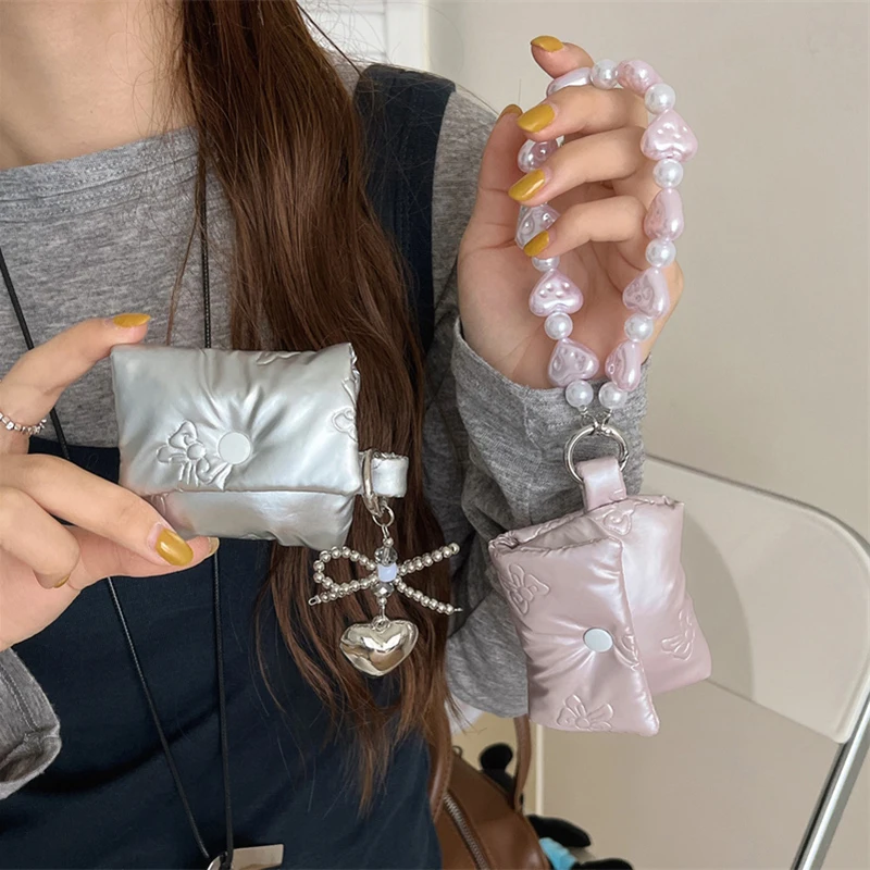 Korean Cute Bow Soft Puffer Down Earphone Bag with Chain
