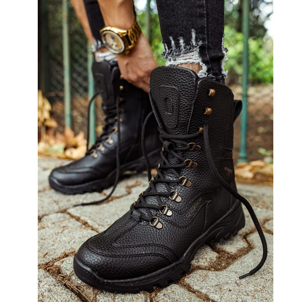 FOH Store 2023 Boots for Men BLACK Artificial Leather Lace-Up Winter Fashion Warm Snow Plus Size Ankle Footwear High Quality Military Shoes Tactical Trekking Camping Outdoor 051
