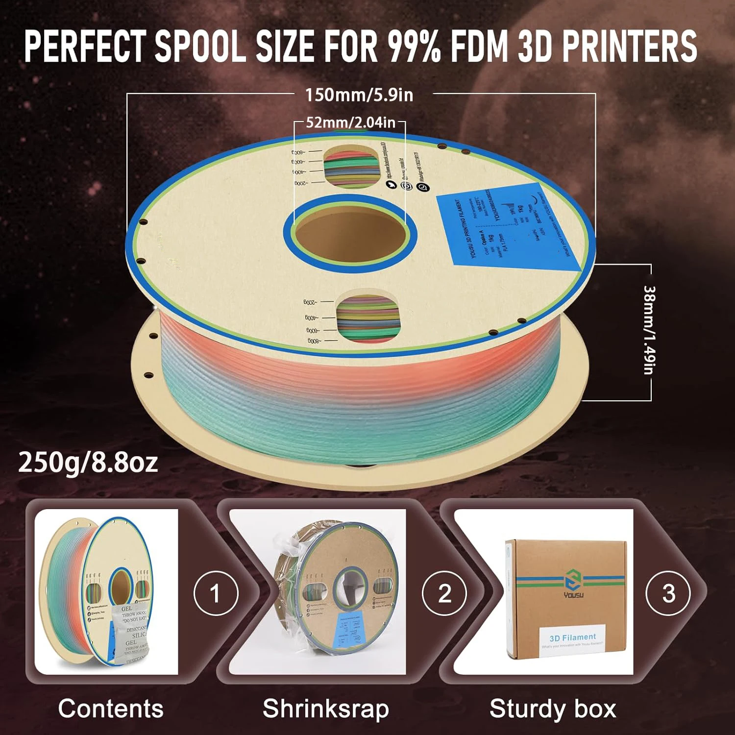 3D 프린팅 필라멘트 PLA 야광 필라멘트 1.75mm 직경 250g 롤 치수 정확도 +/- 0.03mm 점진적인 색상 변화