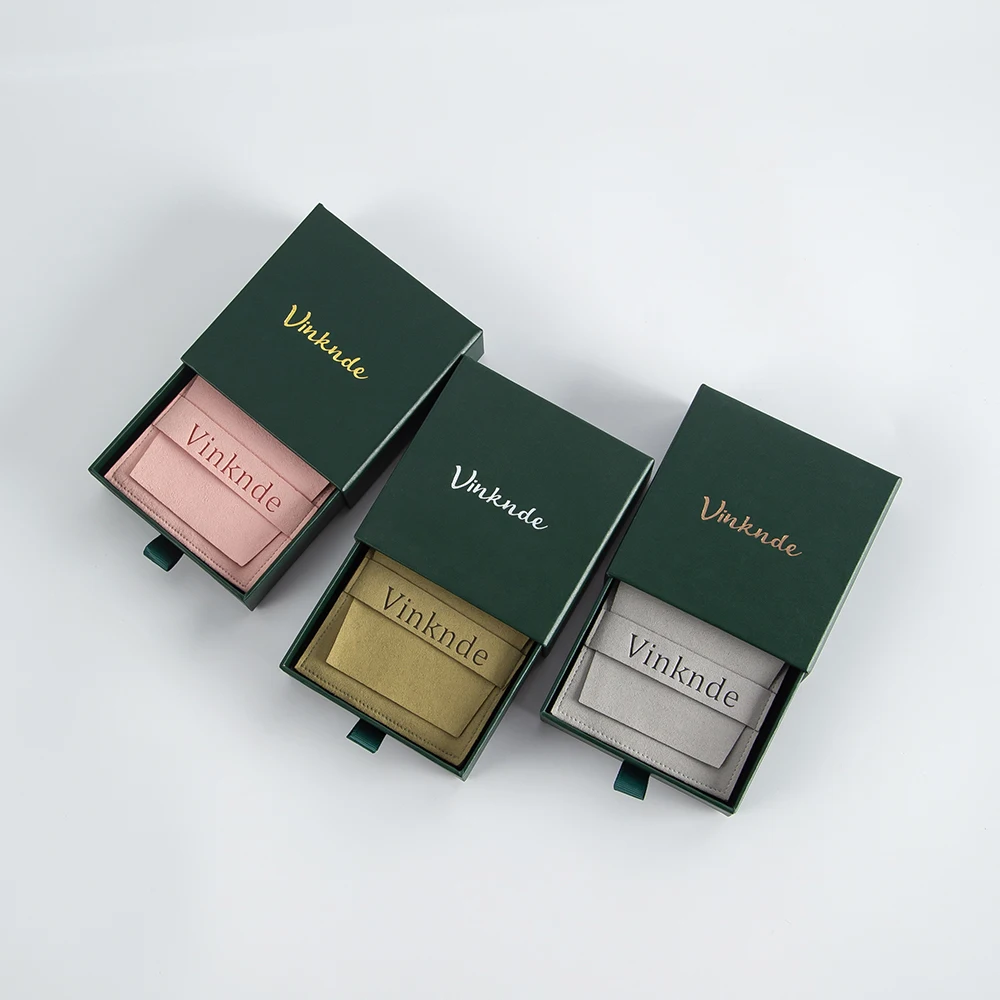 7x7x1.7cm Dark Green Drawer Cardboard Box Custom Logo Microfiber Jewelry Gift Bag Pouch Small Ring Brooch Packaging Personalized