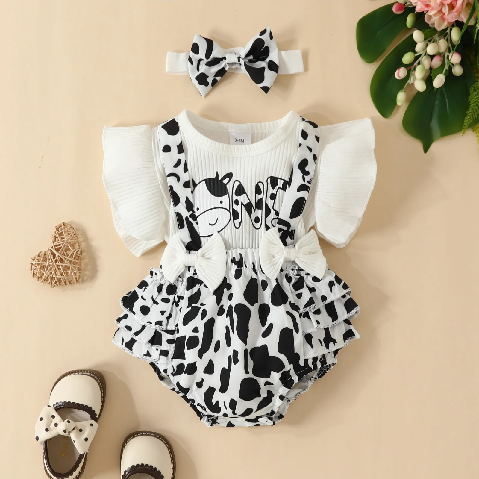 

2024 summer baby pit strip T-shirt overalls shorts cow bow print overalls suit