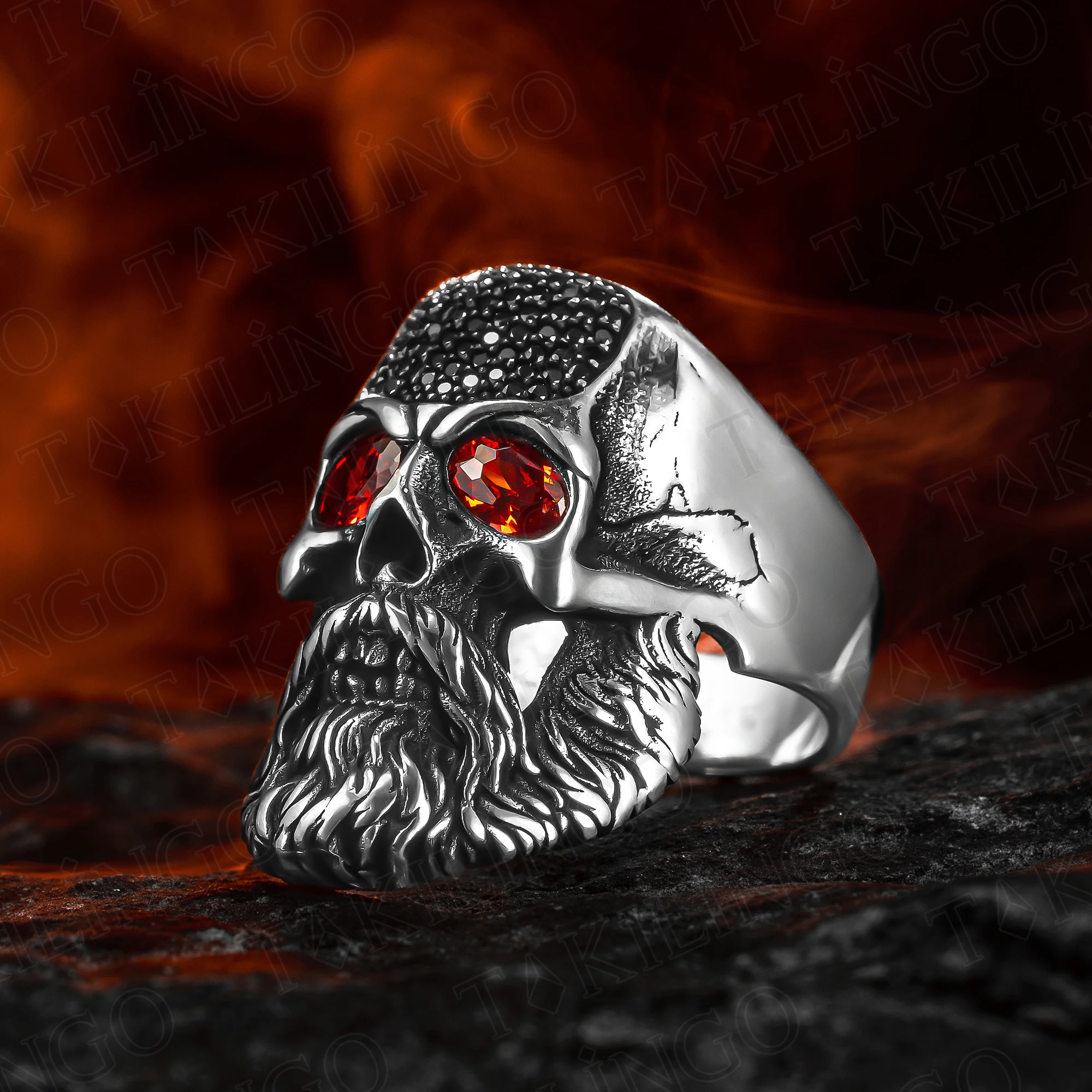 

Solid 925 Sterling Silver Big Design Black Red Micro Stone Skull Gothic Biker Men's Ring Skull Skeleton Ring