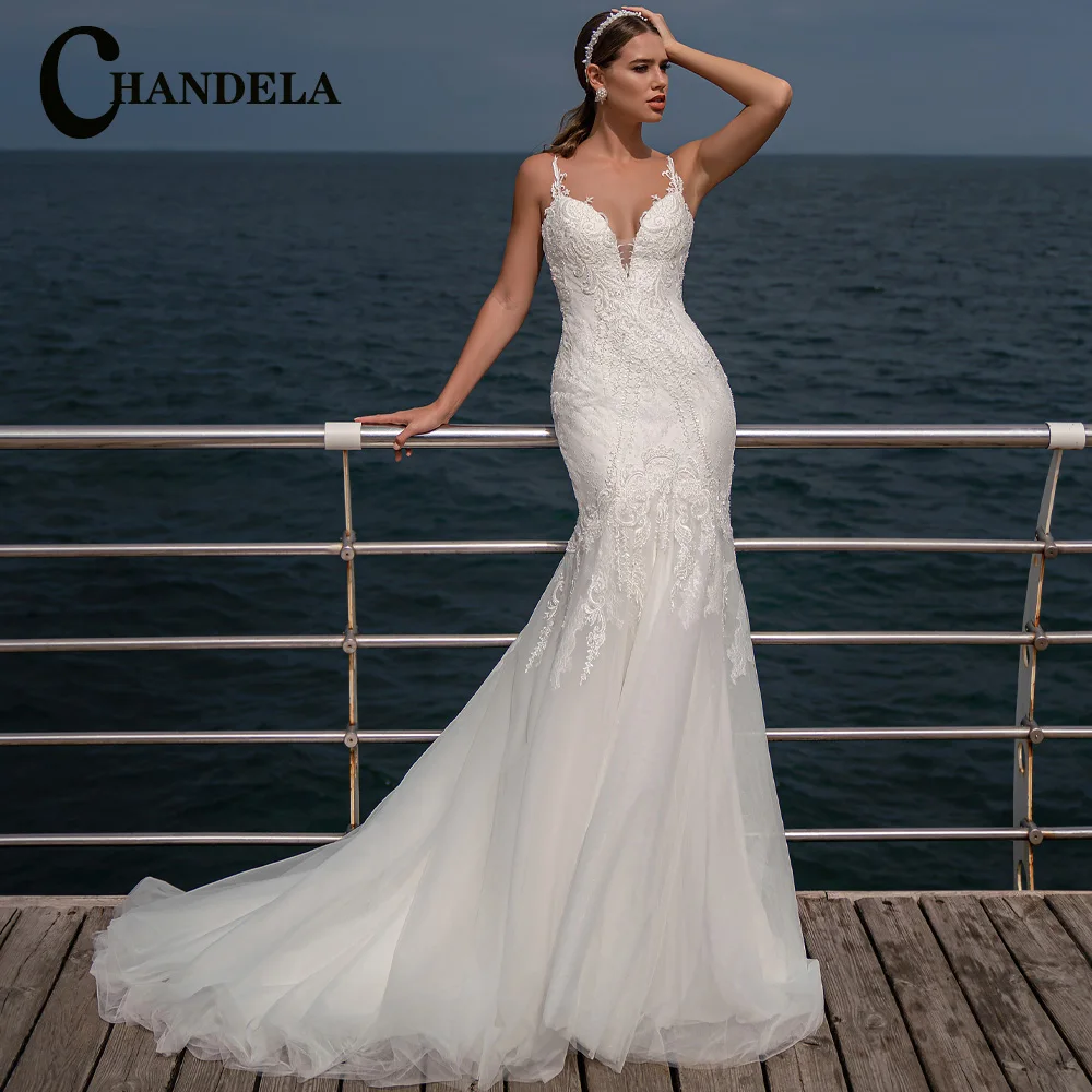 

CHANDELA Romantic Wedding Dresses Mermaid Appliques Scoop Spaghetti Straps Bridal Gown Vestidos De Novia Personalised For Women