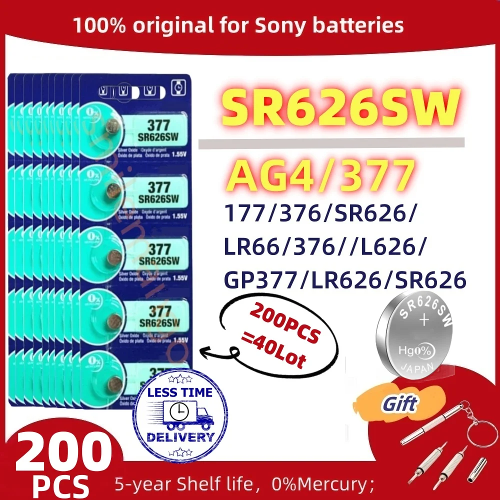 

200pcsCOriginal For SONY AG4 377 1.55V Button Batteries SR626SW Cell Coin Alkaline Battery 177 376 626A LR66 LR626 For Watch Toy