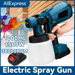 1000ML Cordless Electric Spray Gun 1500W High Power HVLP Paint Spray Auto Furniture Steel Coating Airbrush For Makita18V Battery