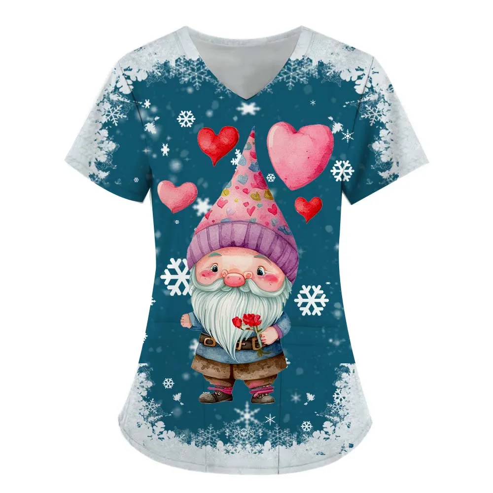 

Christmas Scrub Tops Women Santa Claus Print Short Sleeve Nurse Uniforms Snowflake Workwear Scrubs Comfy Medical Scrub Shirts