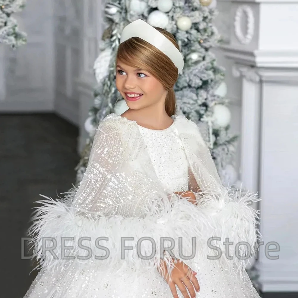 Luxury Cloak Flower Girl Dress with Feathers O-Neck Puffy Shiny Baby Birthday Party Pageant Gown High Quality Custom for Wedding
