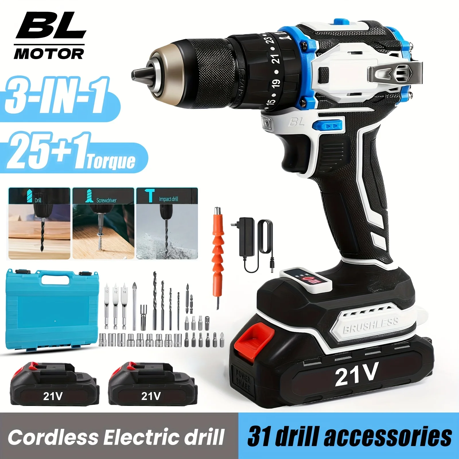 Perceuse Visseuse Sans Fil 21V 2 Batteries - 1400 Tr/min, Moteur Sans Balais, Coque