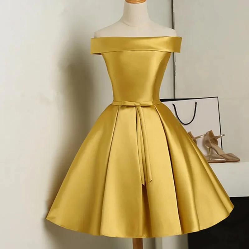 Gold Wedding Party Dress Short Satin OFF Shoulder robe demoiselle d honneur femme Elegant chic prom night vestido elbise free s