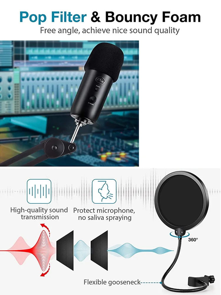 Blue Yeti Microphone Arm Stand Heavy Duty Suspension Mic Boom Scissor With Mic Pop Filter 5/8" Adapter For Blue Snowball Holder