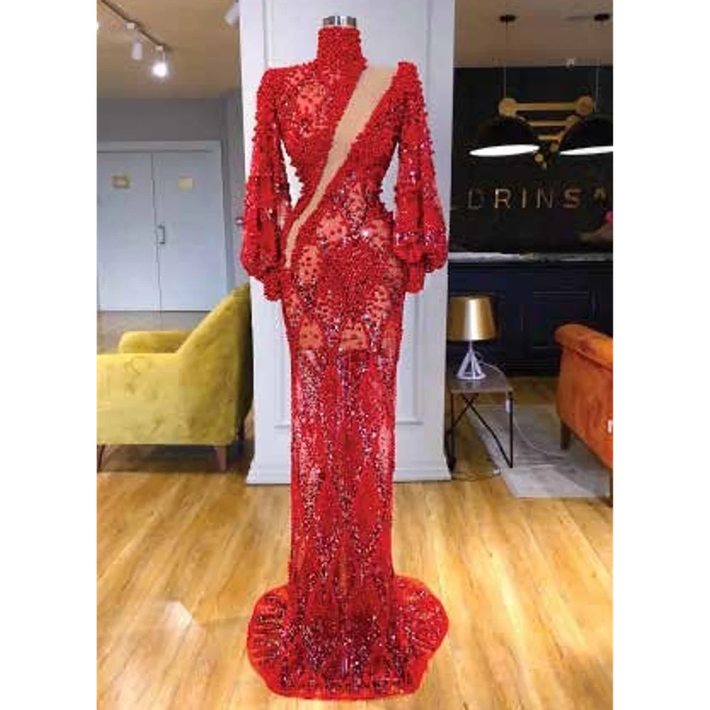 

Сексуальные красные платья для выпускного вечера без рукавов с высоким воротом и блестящими бусинами вырезами Вечерние платья до пола для женщин индивидуальные платья для торжества
