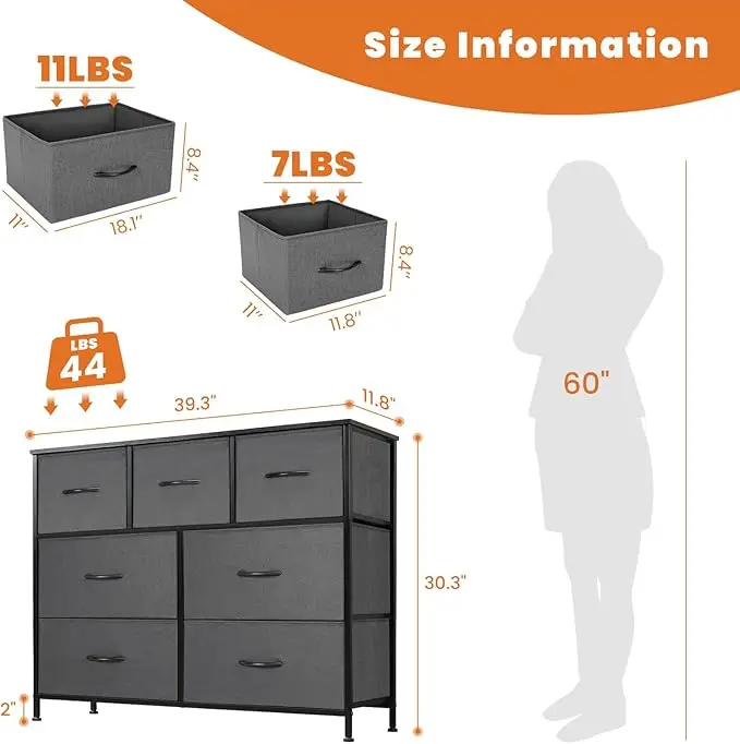 Dresser for Bedroom, Storage Drawers, TV Stand Fabric Storage Tower with 7 Drawers, Chest of Drawers with Fabric Bins, Wooden T 5
