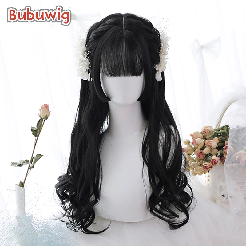 Bubuwig Synthetic Hair 5 Colors Lolita Cosplay Wig 65cm Long Curly Black Grey Brown Girls Wigs With Flat Bangs Heat Resistant 65cm women long wavy curly hair full wig with angled sideswept bangs omber mix black brown wavy cosplay lady hair wig with bangs