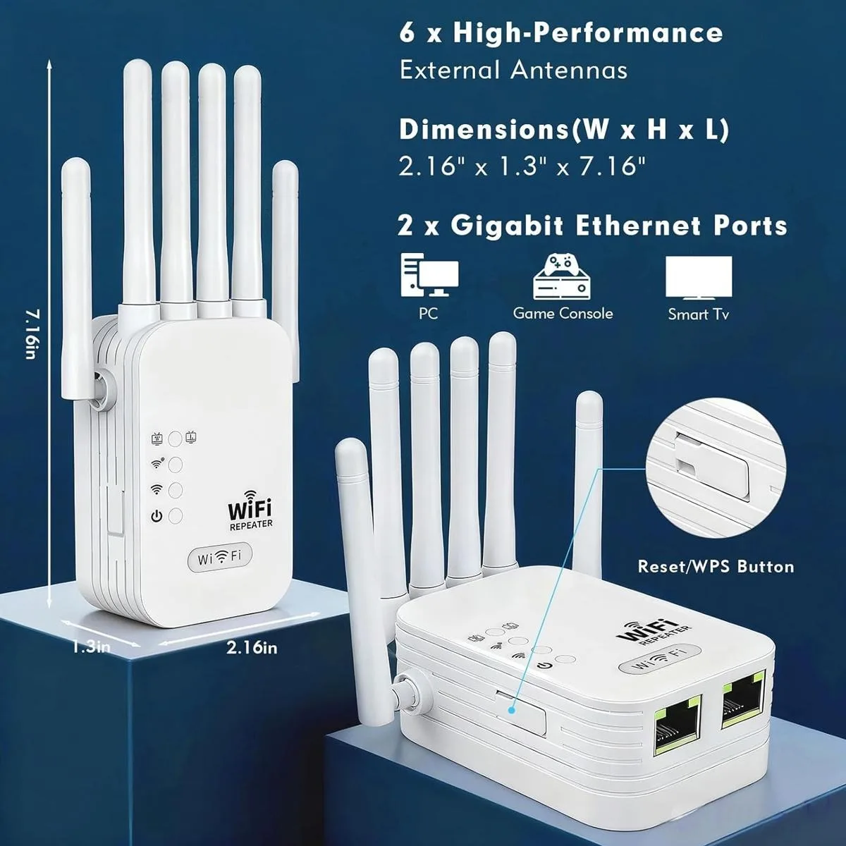 WiFi Extender 6 Antennas Strong Signal, 1200Mbps 2.4G-5G Wifi Booster,for Home Studios,Remote Workspaces,WiFi Signal Booster 4