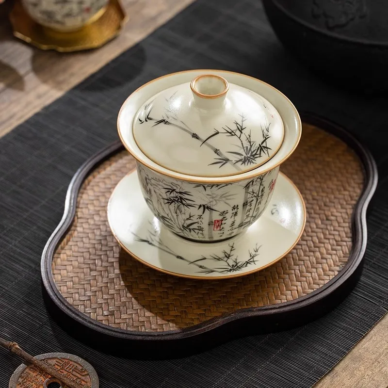 Bamboo Ru Yao Porcelain Gaiwan Set For Tea Tureen Teaware Cup Chinese Yellow Ceramic Opening Tea Bowls Chawan Ceramony Lily