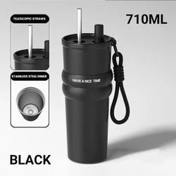 Durable Stainless Steel Vacuum Insulated Straw Bottle - Leak - Proof Thermos for Hot & Cold Beverages, Portable Travel & Sports Water Bottle (Black)