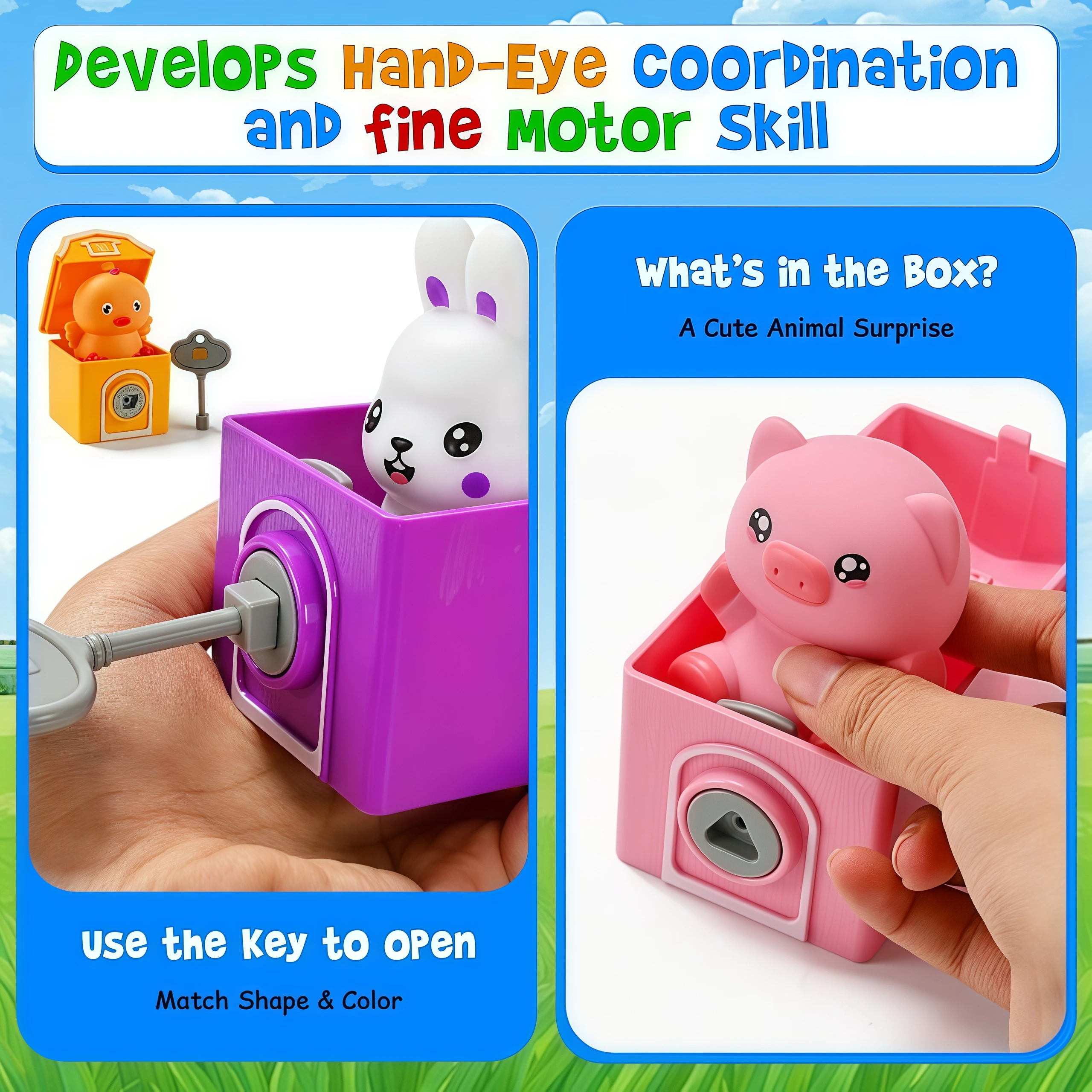Toddler Educational Farm Animal Train Set with Finger Puppets and Color Matching Barns