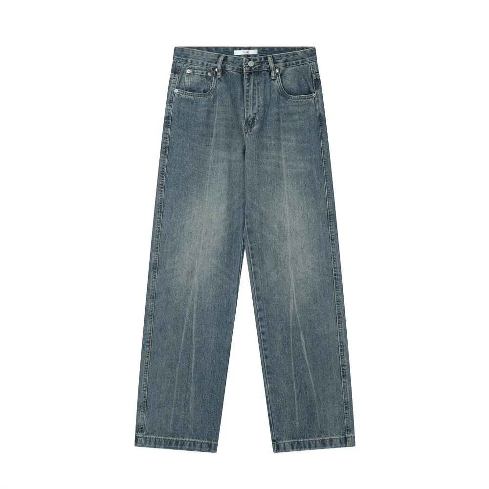 

New American Retro High Street Style White Straight Jeans Casual Loose Men Wide Leg Simple Baggy Jeans Blue Denim Pants