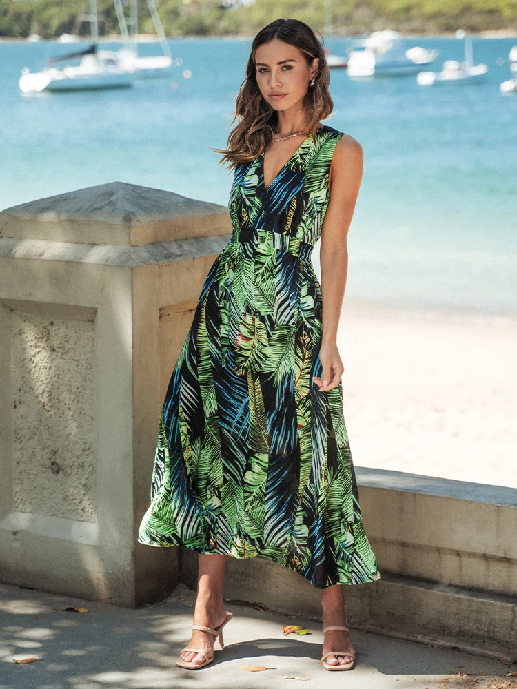 Veeki Summer 2020 Maxi Dress Loose Clothes Women Sleeveless V-neck Sexy  Beach Dress Fashion Flower Print Ladies Long Dresses Green)