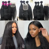 PAPYON Kinky Straight Mèches Avec Closures Deep Wave Tissage Avec 4x4 Closure Tissage Cheveux Humains Yaki Straight Bundles With Closure Livraison 3 Jours France 3