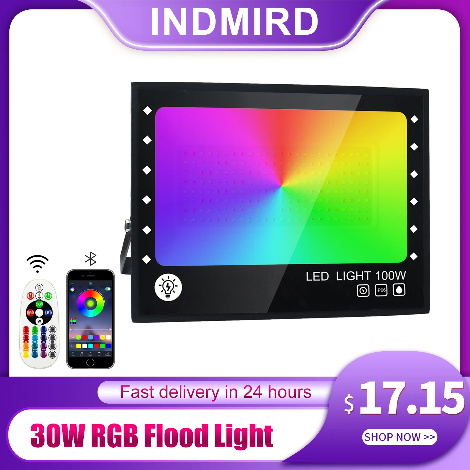 INDMIRD 30W RGB Flood Light,Color Changing Floodlight,with Switch and Remote,for Garden Lighting,Stage Lighting,Holiday Parties