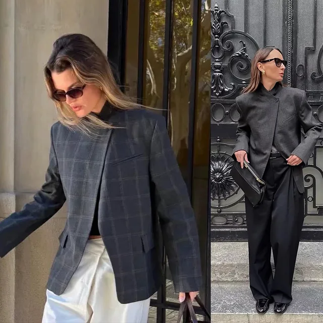 Vestes pour femmes printemps 2026, col montant, poches asymétriques, blazers gris à carreaux, vêtements d'extérieur pour femmes automne, style vintage street 1