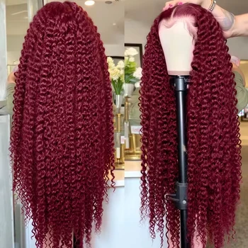 30 Inch13x4 99J Burgundy HD Lace Frontal Human Hair Wig Pre-Plucked Transparent Lace Red Curly Deep Wave Frontal Wig For Women 1
